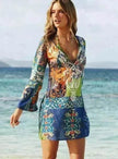 New Women'S Wear Europe And America Charming V-Neck Chiffon Long Sleeve Printed Beach Skirt Skirt