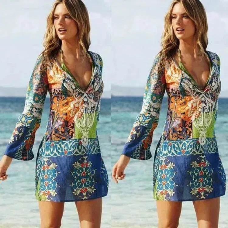 New Women'S Wear Europe And America Charming V-Neck Chiffon Long Sleeve Printed Beach Skirt Skirt
