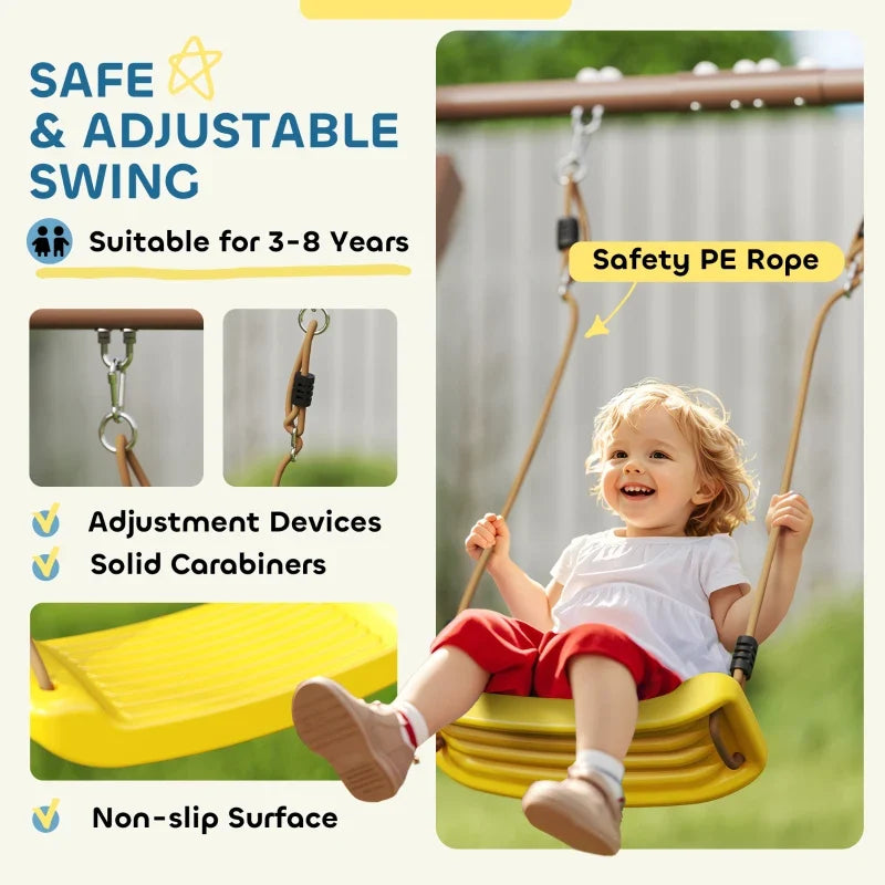 Qaba 4-in-1 Kids Swing Set for Playground with Slide, Covered Fort, Climbing Ladder, Ground Stakes, for Kids Ages 3-8, Brown