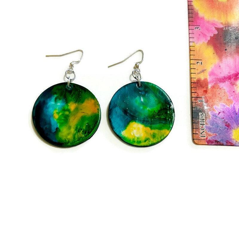 Northern Light Earrings, Abstract Statement Disc Earrings Handmade, Large Clay Earrings Painted Alcohol Ink, Northern Canada Newfoundland