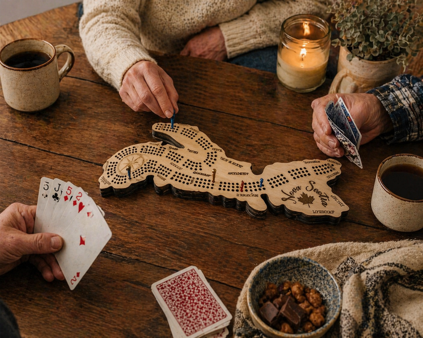 Nova Scotia Map Cribbage Board – 3 Player Wooden Crib Board with Engraved Cities