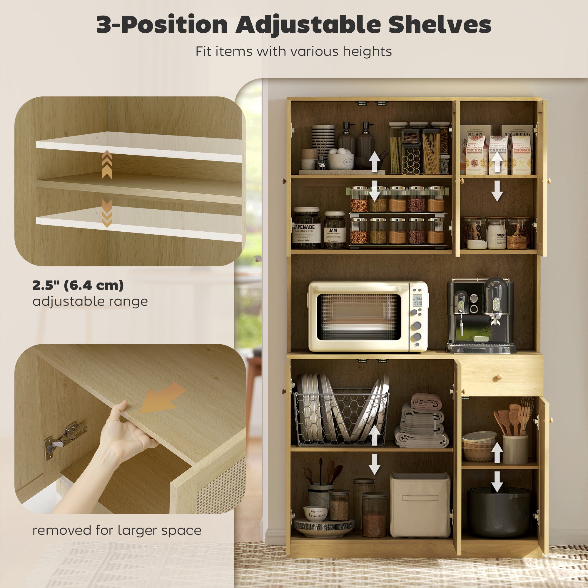 Milan Boho Kitchen Pantry Cabinet with Decorative Rattan Doors-Natural