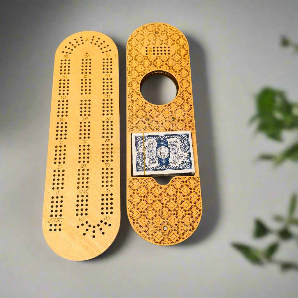 Oblong Cribbage Board with Removable Lid – 3 Player with Scoring Panel (15” x 4”)