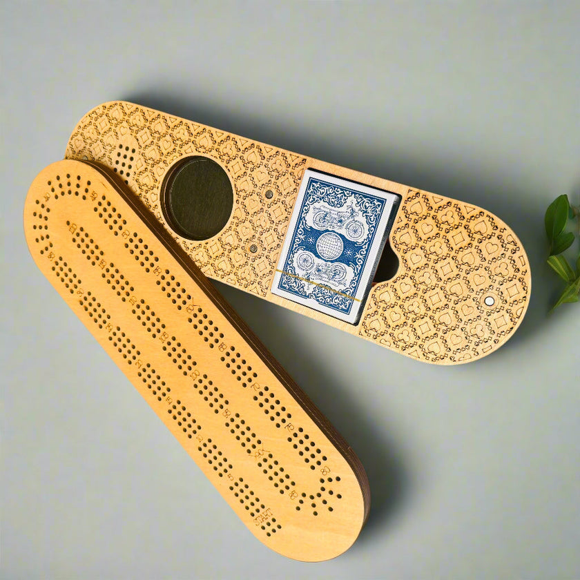 Oblong Cribbage Board with Removable Lid – 3 Player with Scoring Panel (15” x 4”)