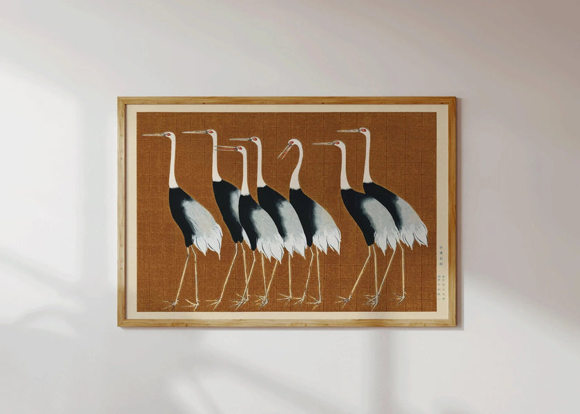 Ogata Korin Cranes Print in Brown: Vintage Japanese Art Giclee