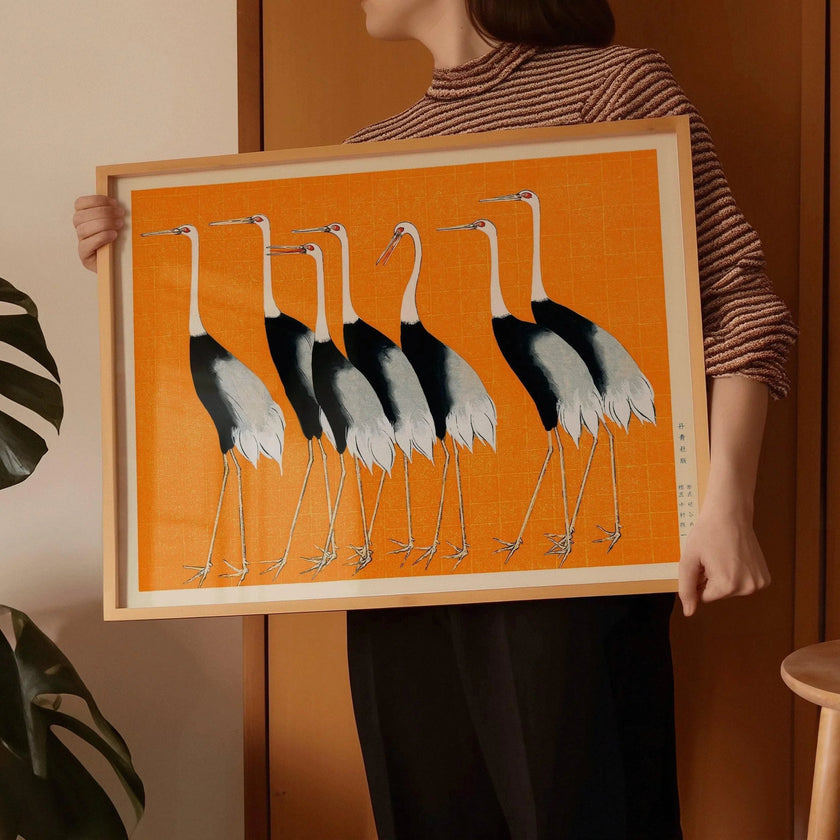 Ogata Korin Cranes Print: Vintage Japanese Art, Orange Remix