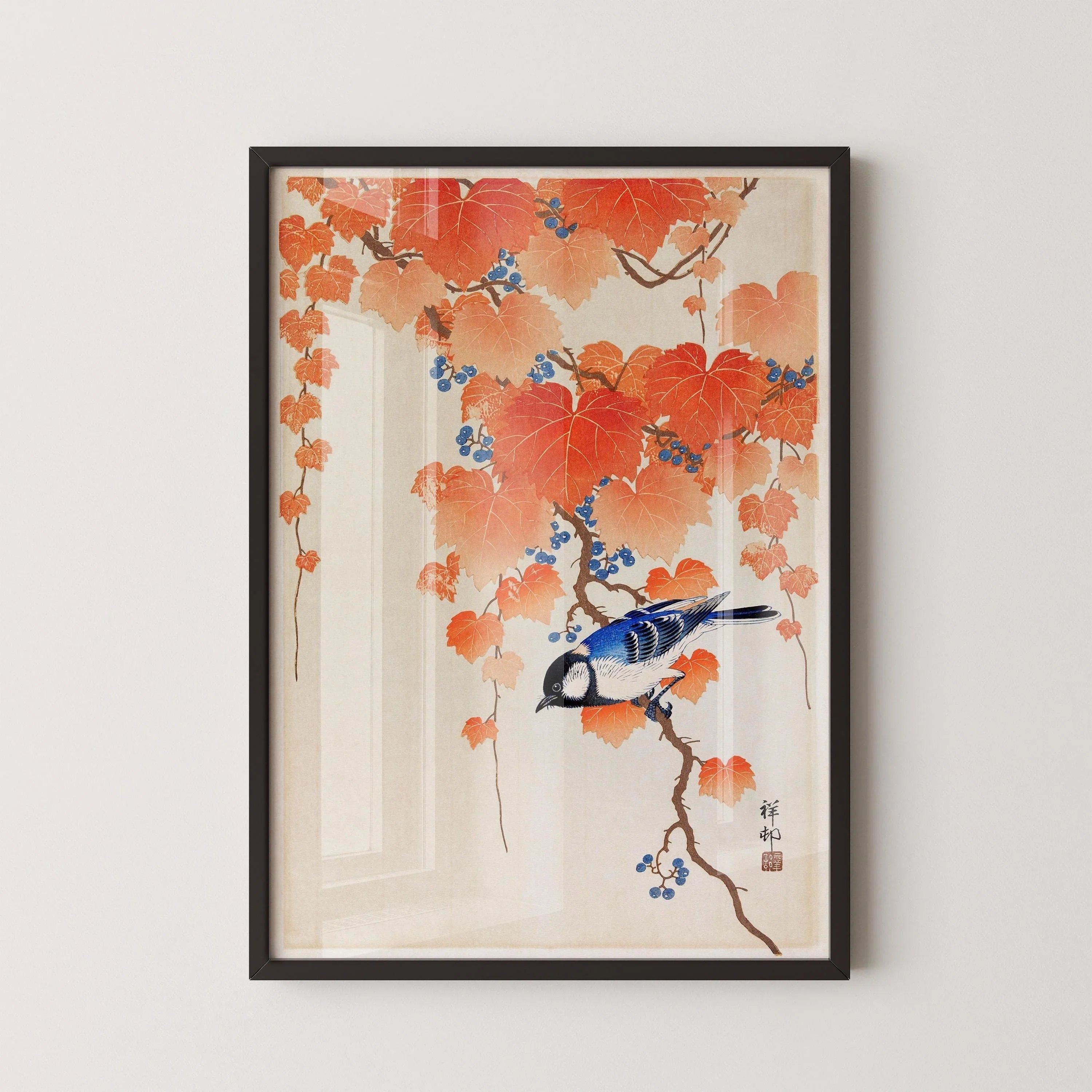 Ohara Koson - Great Tit on Paulownia Branch | PRINT | Vintage Orange Blue Japanese Shin-Hanga Kach≈ç-E Art (available framed)