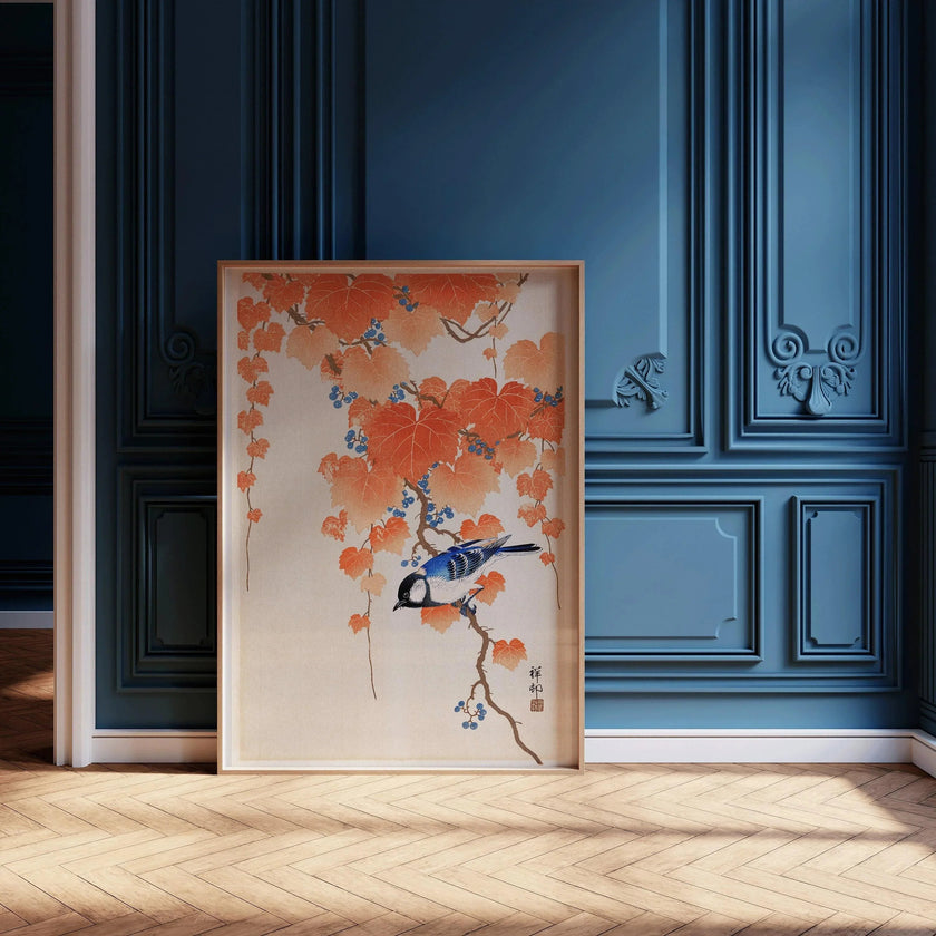 Ohara Koson - Great Tit on Paulownia Branch | PRINT | Vintage Orange Blue Japanese Shin-Hanga Kach≈ç-E Art (available framed)
