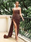 One Piece Strapless Velvet Sequins with Long Slit Evening Party Maxi Dress - Copper