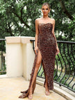 One Piece Strapless Velvet Sequins with Long Slit Evening Party Maxi Dress - Copper
