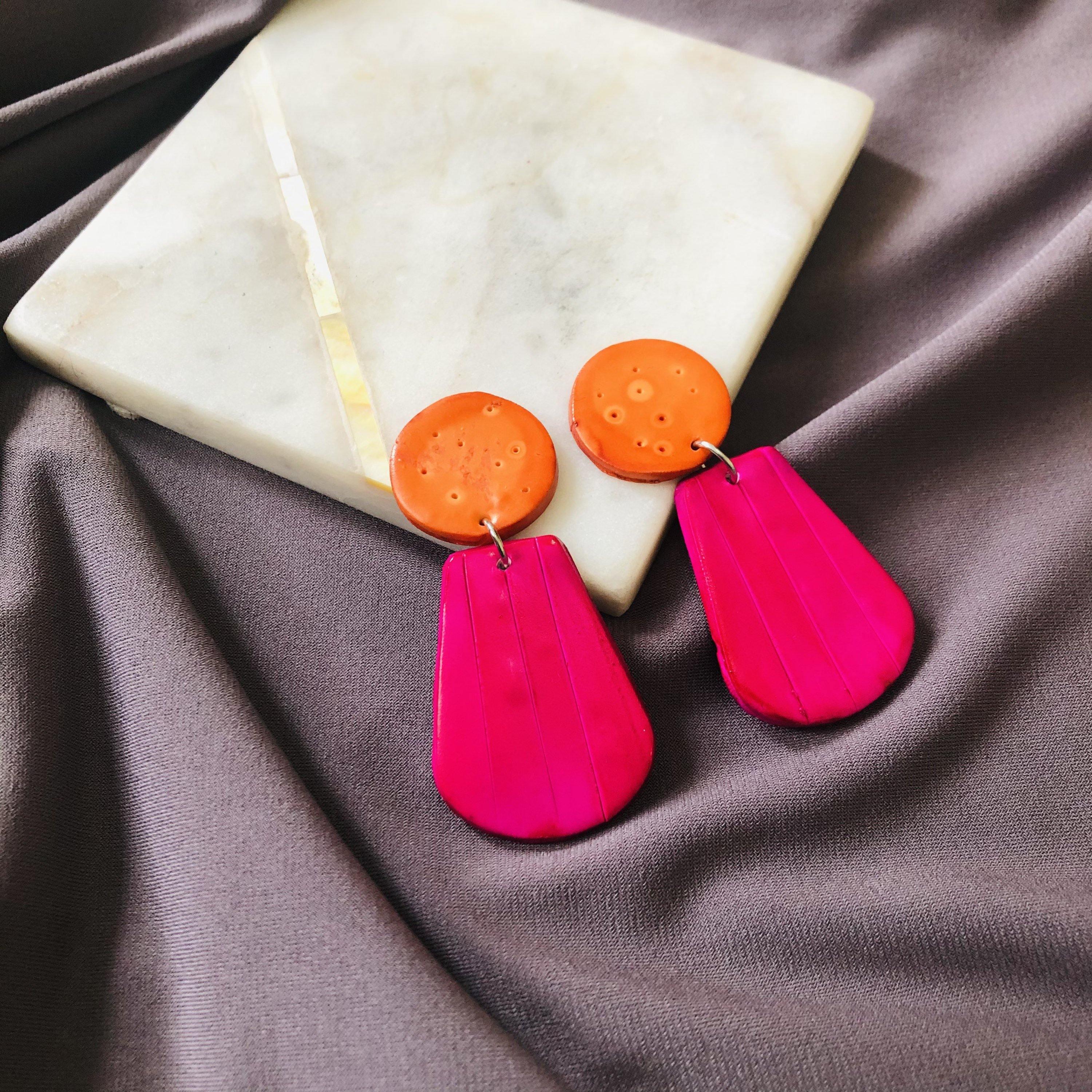 Colorful Summer Statement Earrings Handmade, Post or Clip Ons- 