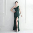 Ostrich Feather Off-shoulder Collar Sequined Dress Long Evening Gown