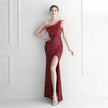 Ostrich Feather Off-shoulder Collar Sequined Dress Long Evening Gown