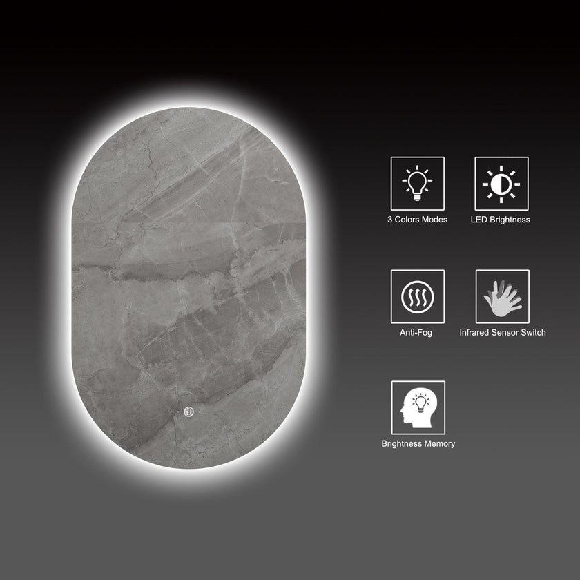 Oval Mirror, Dimmable Anti-Fog Lighted Bathroom Mirror, 3-Color Backlit