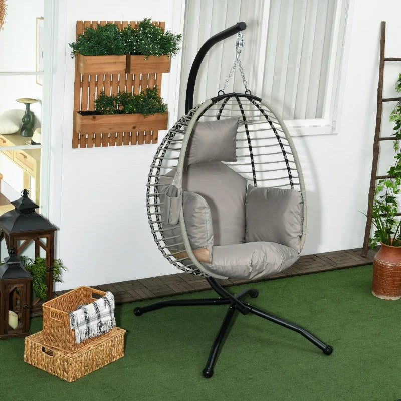 Outdoor Hanging Egg Chair with Thick Padded Cushion, Patio Swing Chair, Grey
