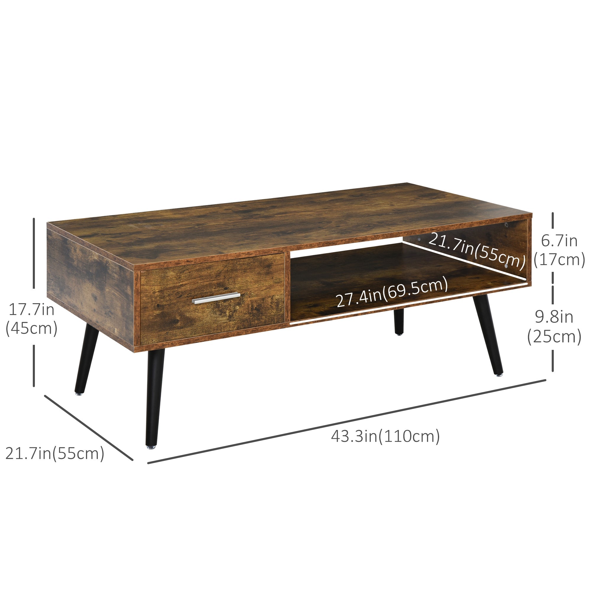 Omari Retro Coffee Table with Storage Shelf and Drawer-Rustic Brown