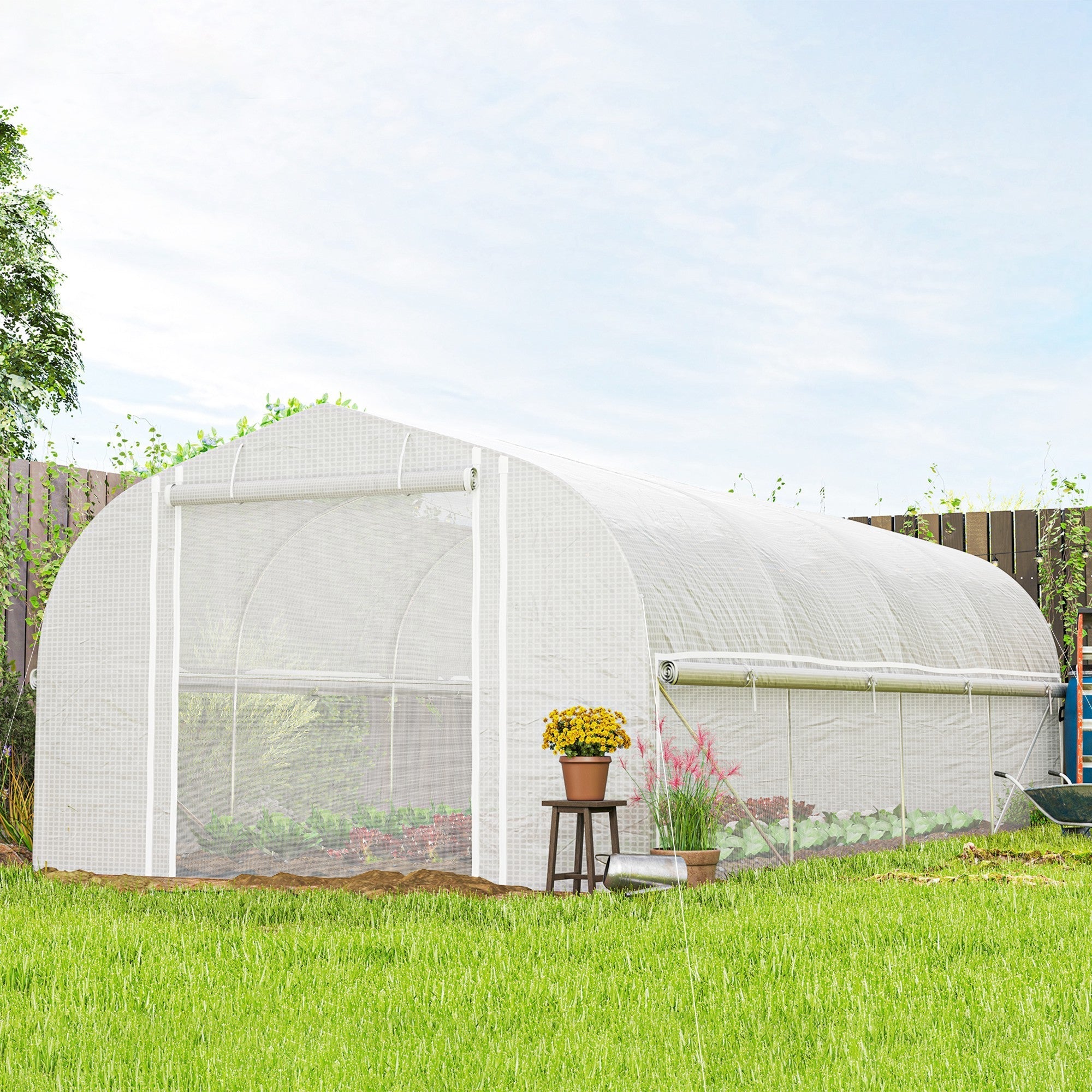 Outsunny 19.5' x 10' x 6.6' Tunnel Greenhouse Outdoor Green House with Roll-up Mesh Sidewalls, Mesh Door, Galvanized Steel, White