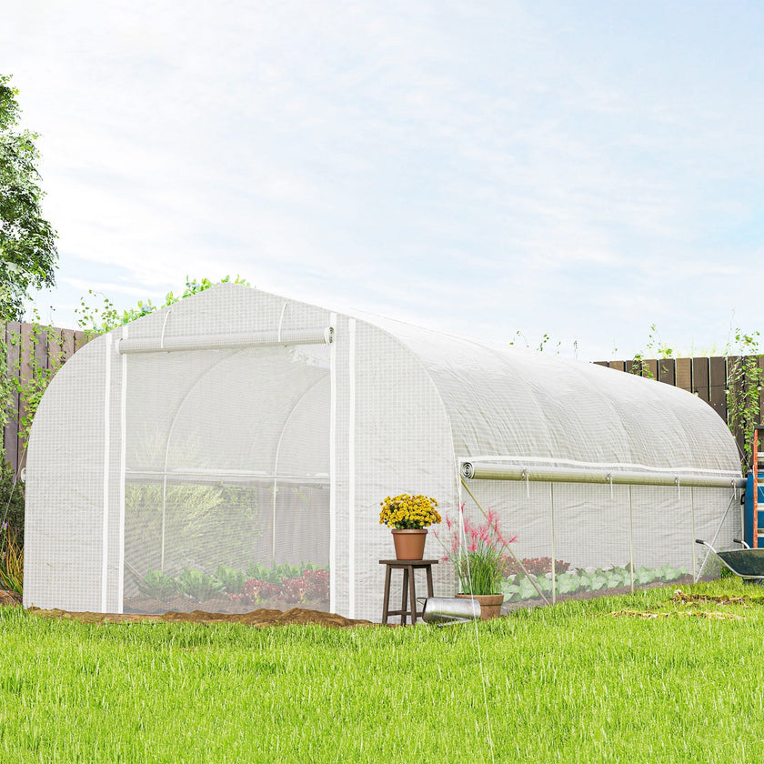 Outsunny 19.5' x 10' x 6.6' Tunnel Greenhouse Outdoor Green House with Roll-up Mesh Sidewalls, Mesh Door, Galvanized Steel, White