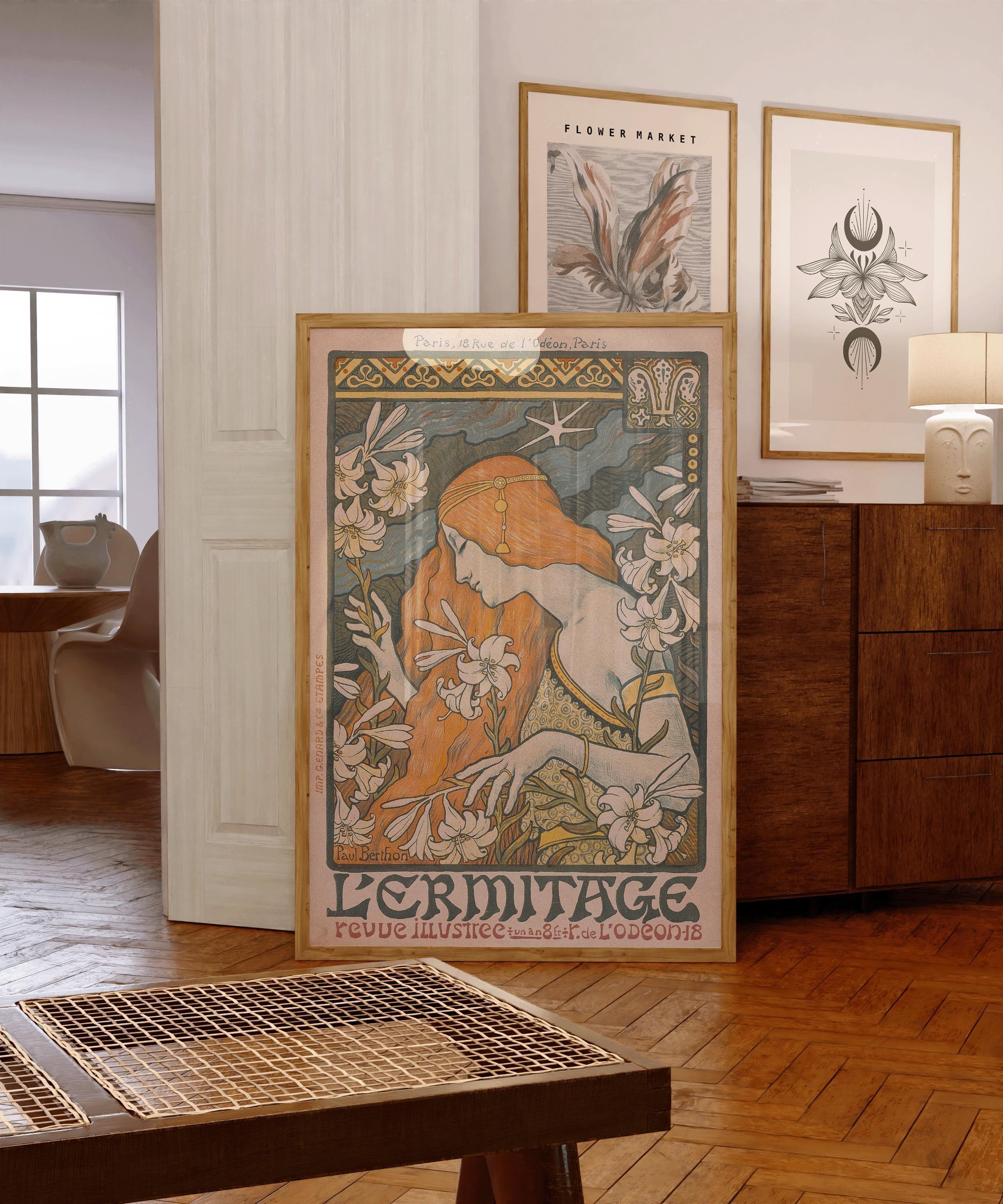 Paul Berthon - L'Ermitage Art Nouveau Print: Flowing Lines & Lilies