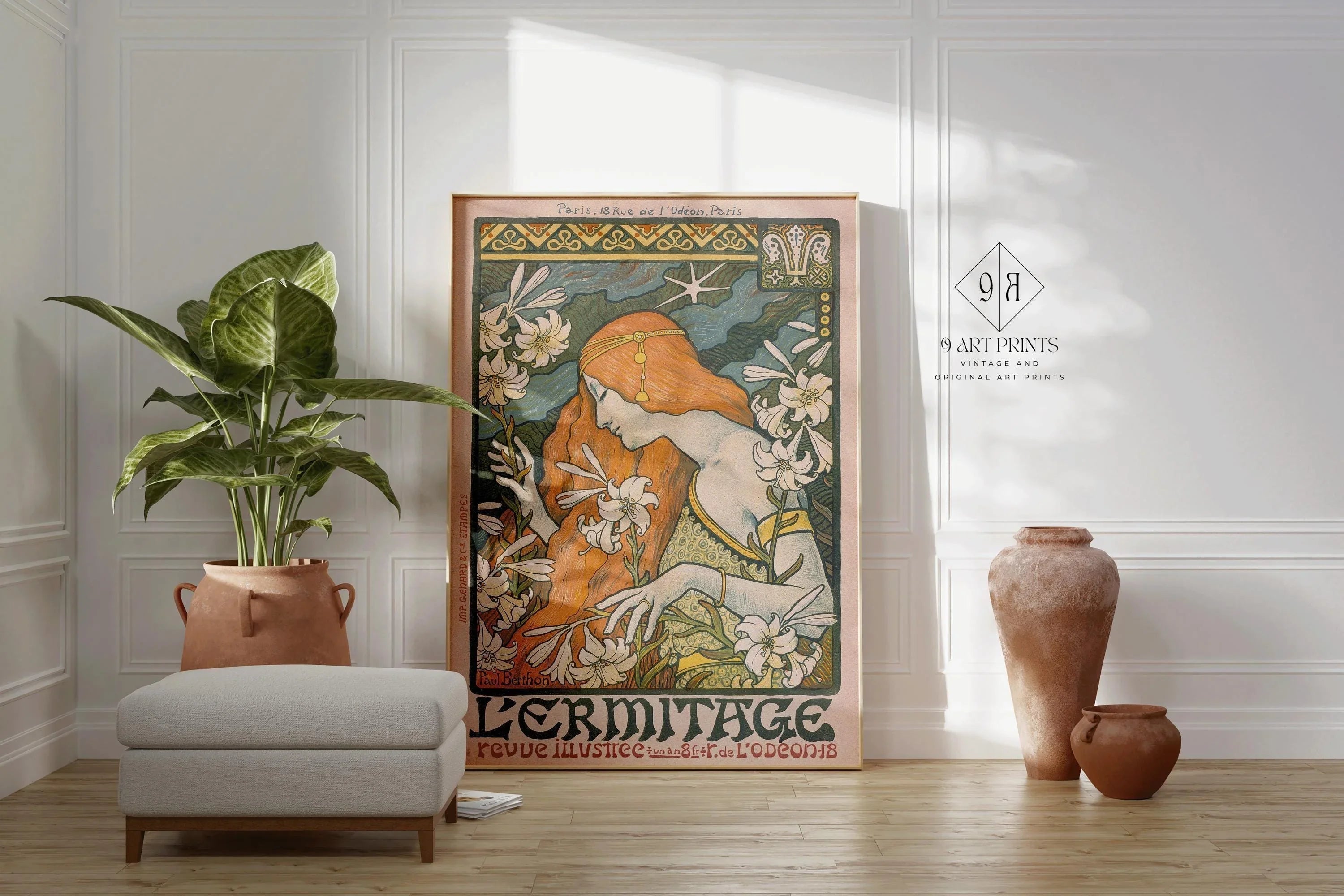 Paul Berthon - L'Ermitage Art Nouveau Print: Flowing Lines & Lilies