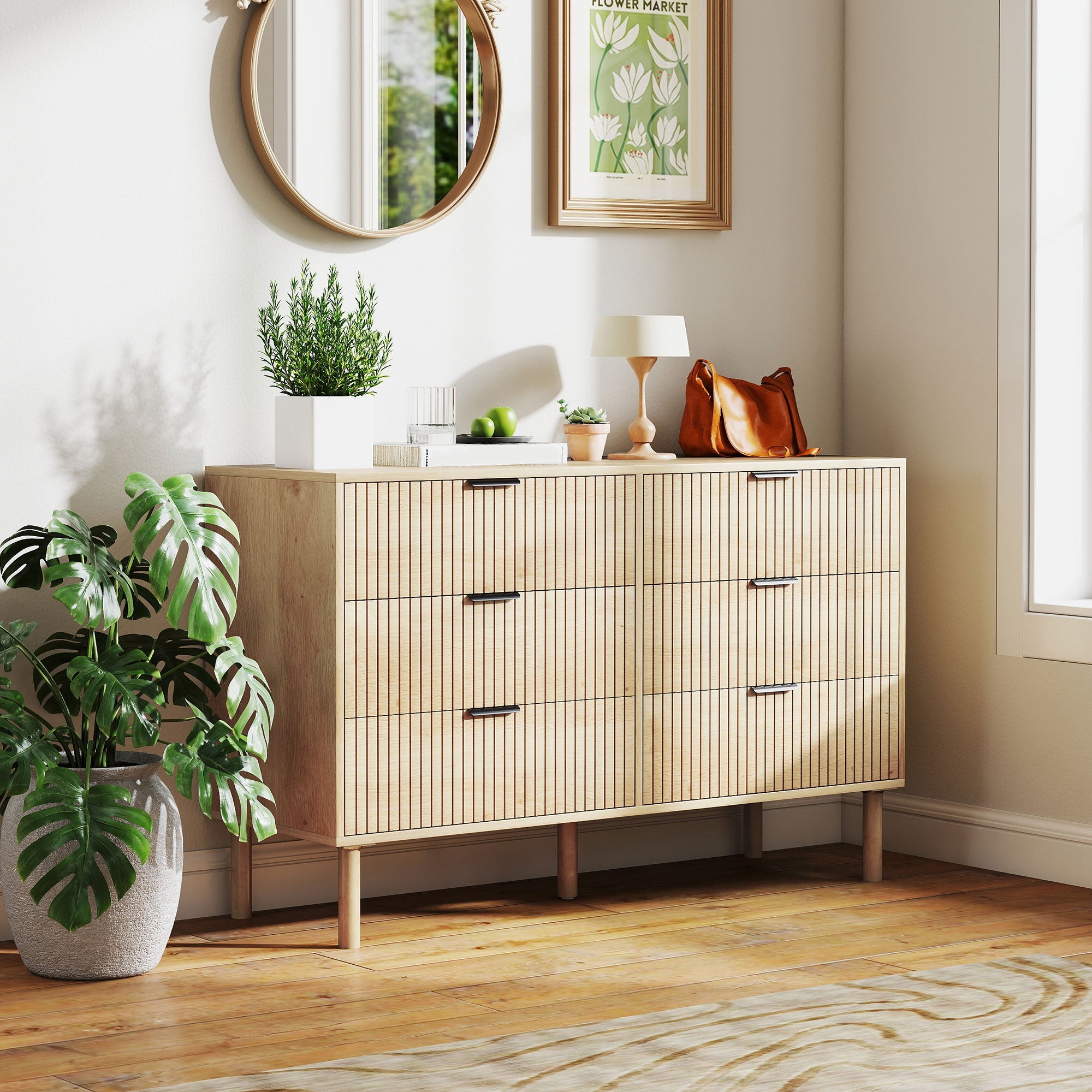 Jesse 6 Drawer Dresser with Fluted Panels-Oak