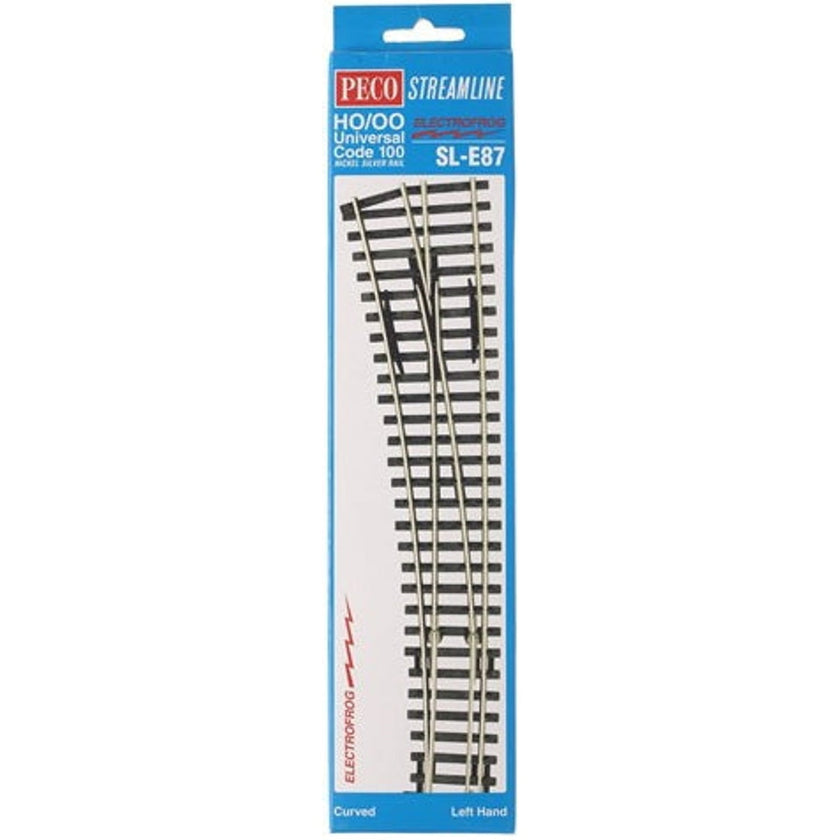 Peco Streamline SL-E87 HO / OO Universal Code 100 Nickel Silver Rail Electrofrog Curved Double Radius Left Hand Turnout Switch