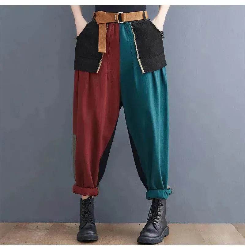 Personality Contrast Color Stitching Denim Trousers For Women
