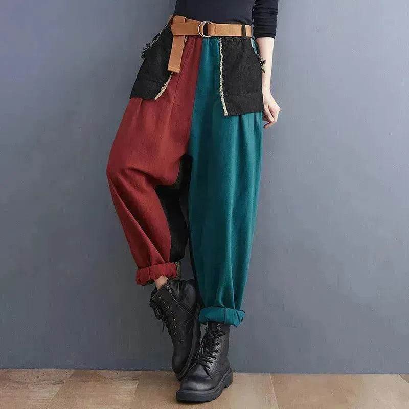 Personality Contrast Color Stitching Denim Trousers For Women