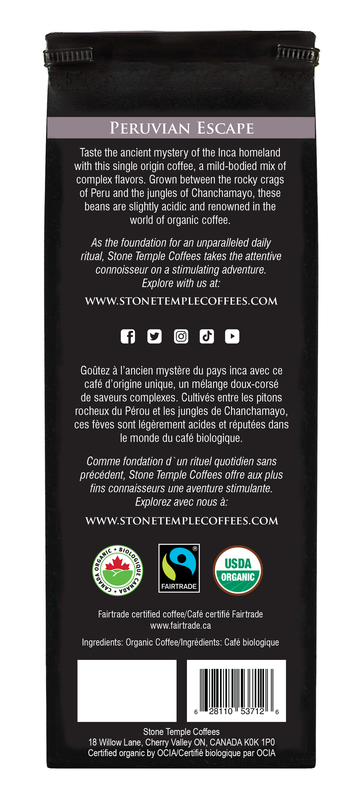Peruvian Escape - Whole Bean, Medium Roast, Certified Organic OCIA/ Fairtrade Coffee 1lb/454g