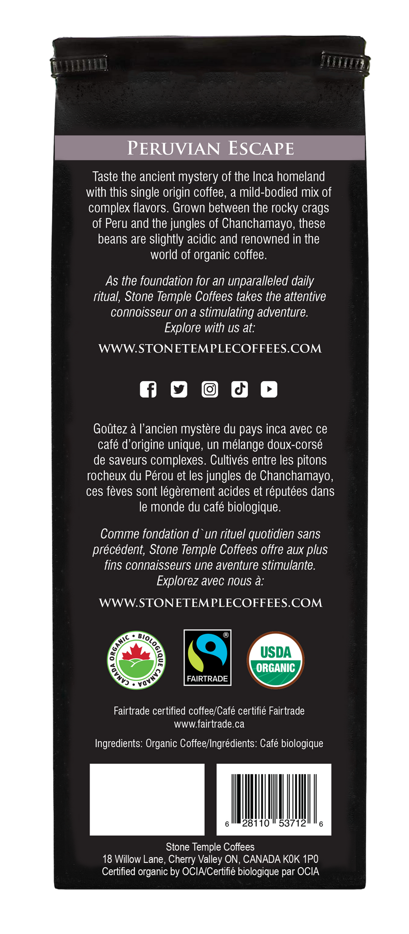 Peruvian Escape - Ground, Medium Roast, Certified Organic OCIA/ Fairtrade Coffee 1lb/454g