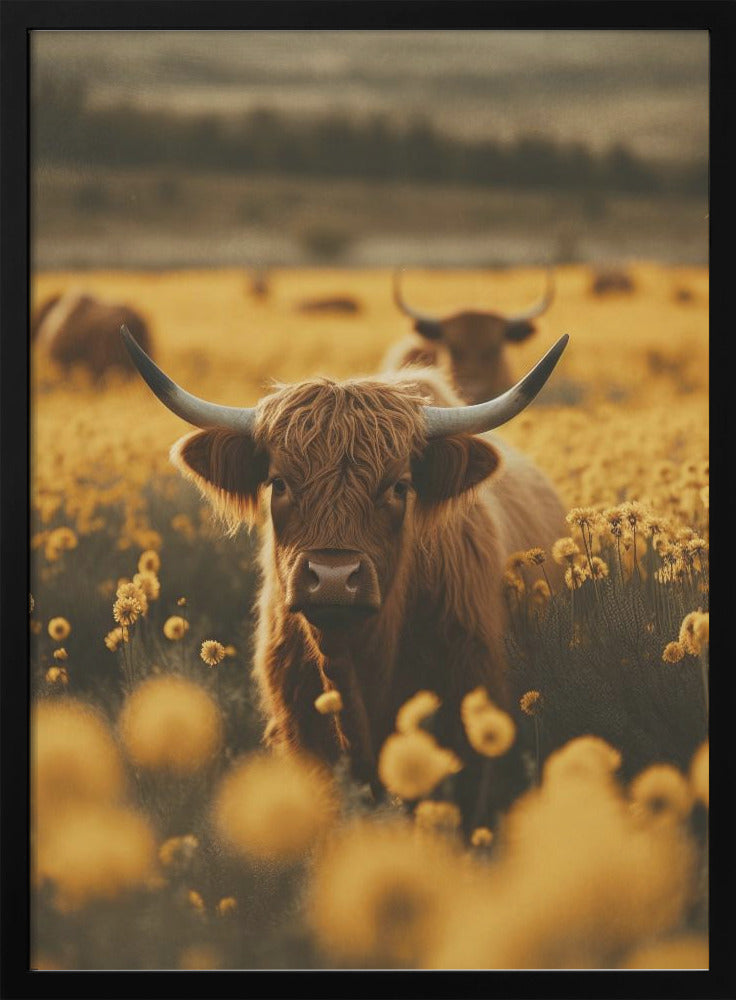 Décoration murale : Vaches des Highlands dans un champ de fleurs