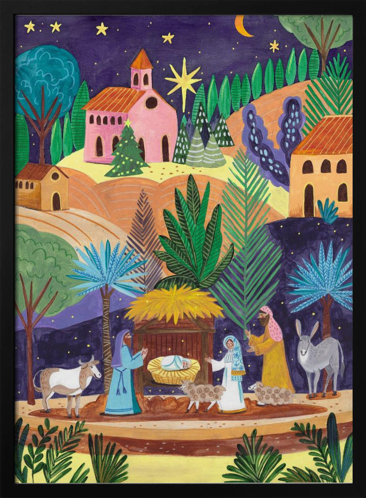 Impression sur toile d'art mural : Scène de la Nativité, nuit étoilée