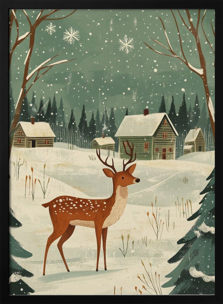 Impression sur toile verte représentant un cerf, motif hivernal et de Noël.
