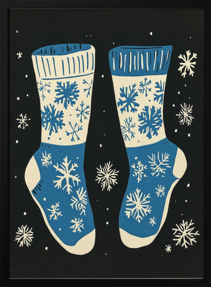 Impression sur toile de chaussettes vintage en tricot bleu sur fond noir.