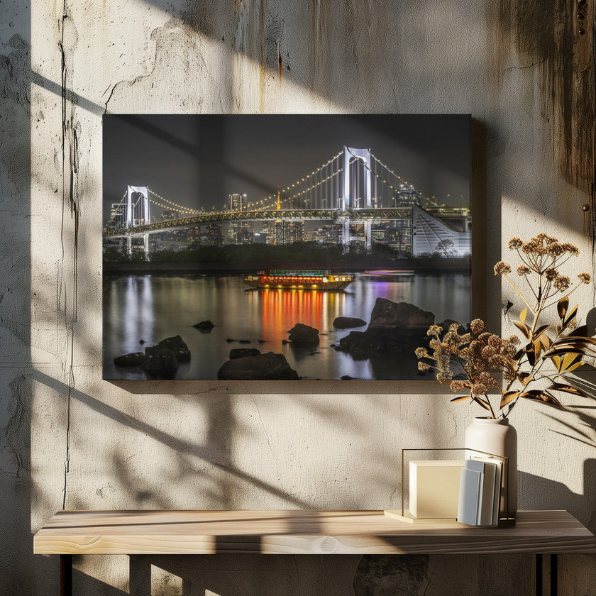 Illustration murale : Charme du pont arc-en-ciel avec le panorama de la skyline de Tokyo en soirée.