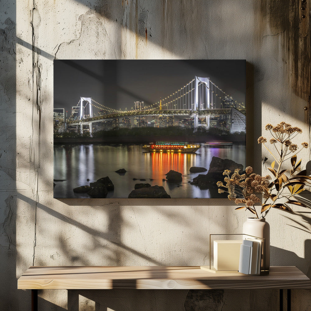 Art mural : Magnifique pont Rainbow Bridge avec le panorama de Tokyo en soirée.