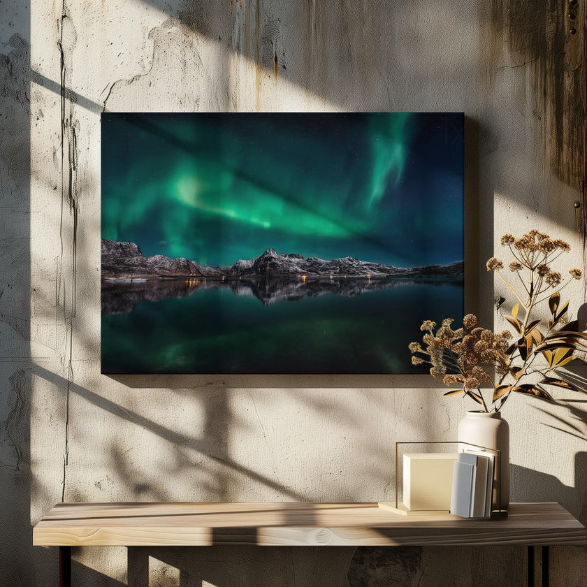 Réflexion de l'aurore boréale des Lofoten
