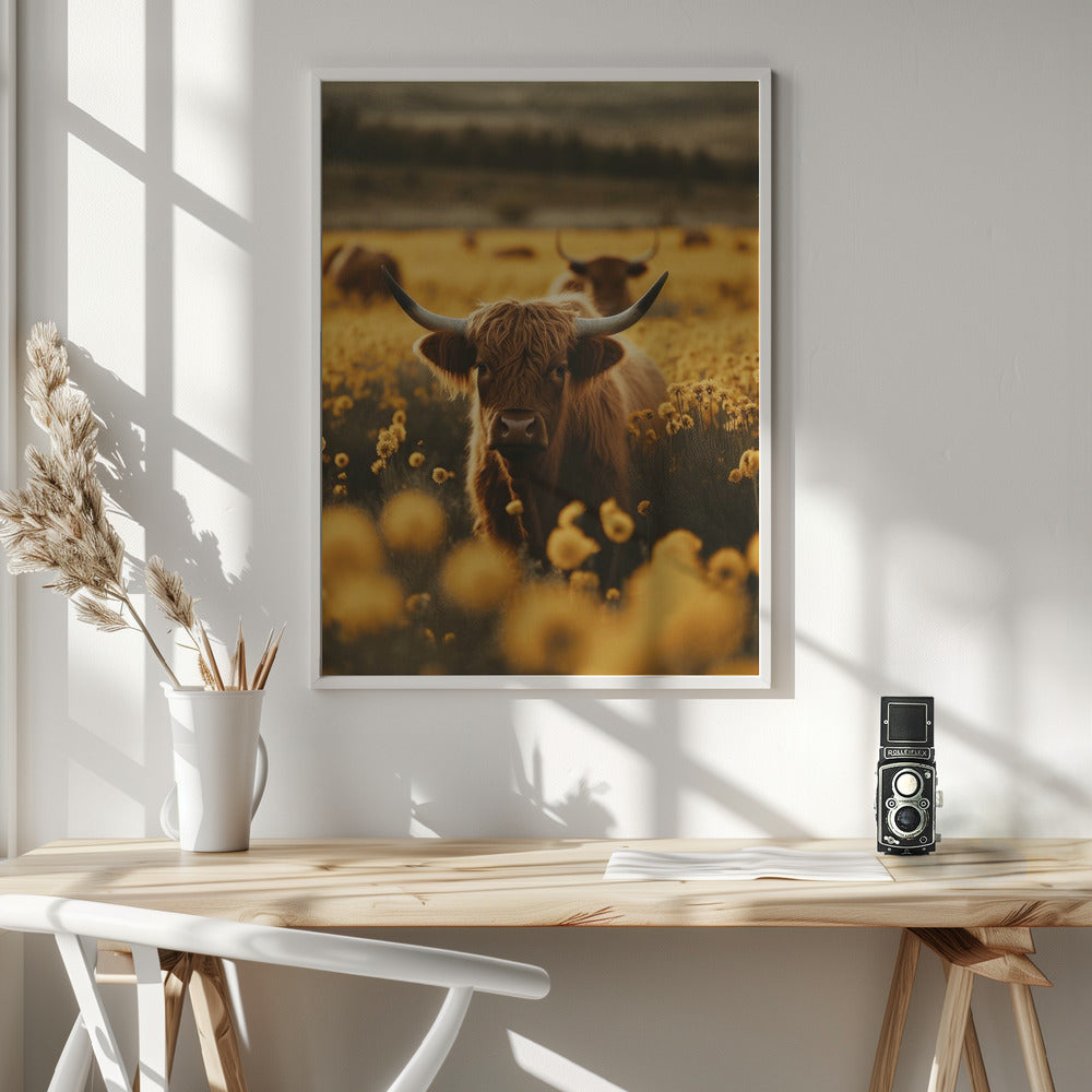 Décoration murale : Vaches des Highlands dans un champ de fleurs