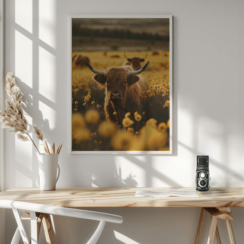 Décoration murale : Vaches des Highlands dans un champ de fleurs