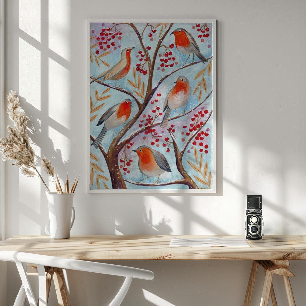 Peintures sur toile d'oiseaux d'hiver, rouges-gorge, Noël, neige