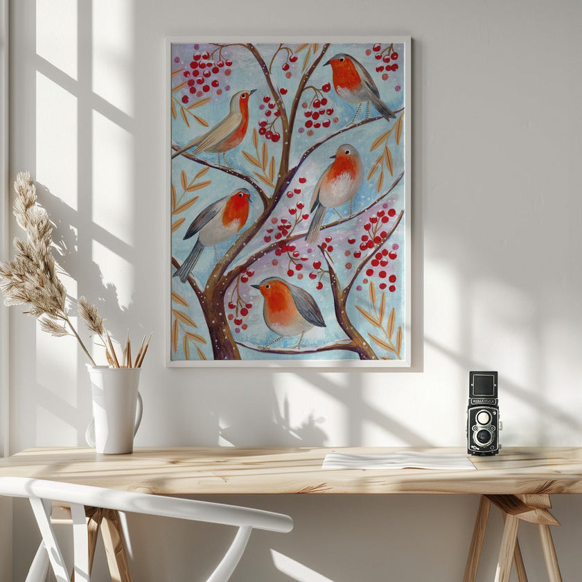 Peintures sur toile d'oiseaux d'hiver, rouges-gorge, Noël, neige