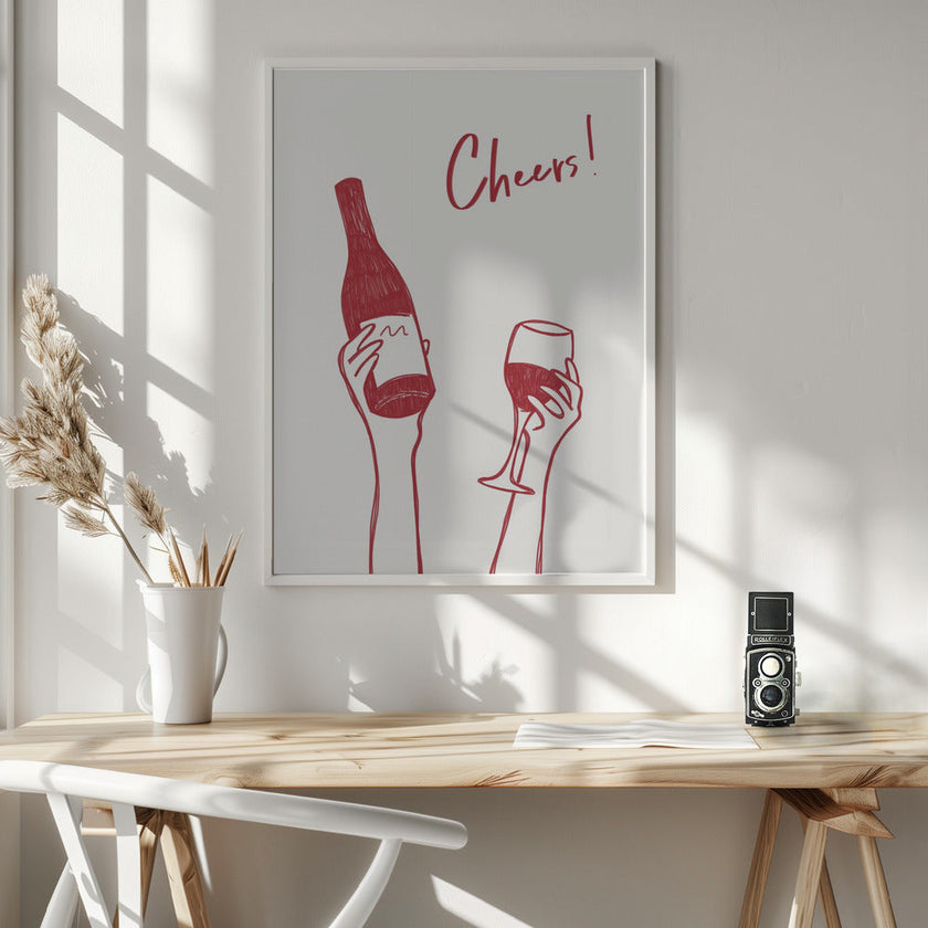 Wall art Cheers wine illustration & text (black & white)