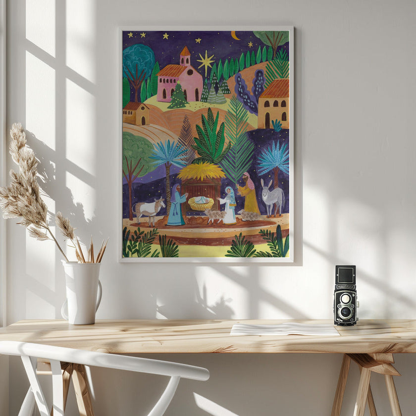 Impression sur toile d'art mural : Scène de la Nativité, nuit étoilée