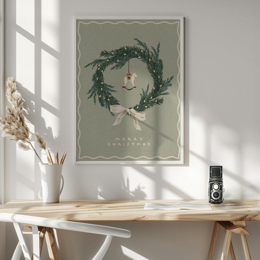 Impression sur toile : décoration murale, jouet en forme de cheval sur une couronne de Noël avec nœud.