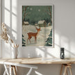 Impression sur toile verte représentant un cerf, motif hivernal et de Noël.