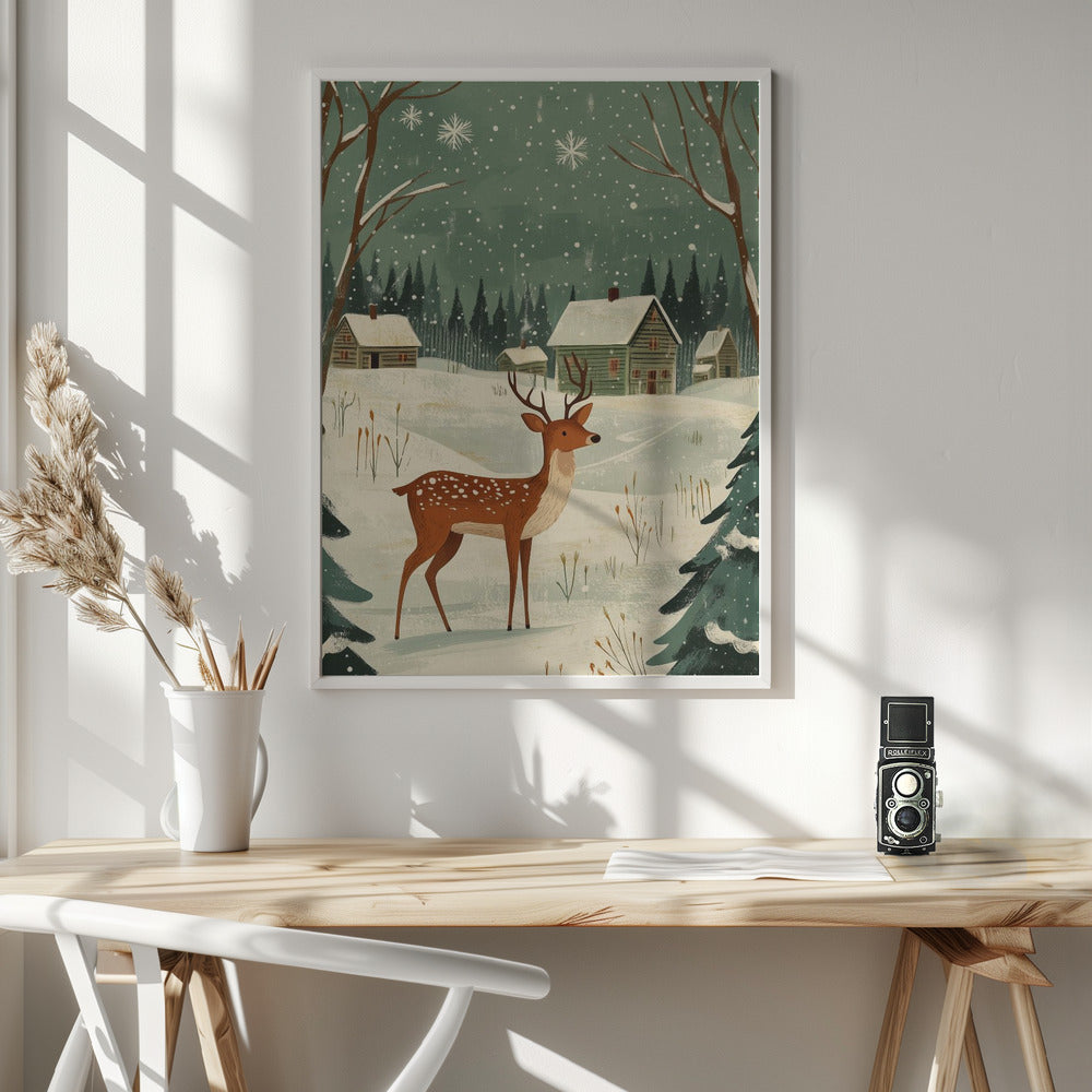 Impression sur toile verte représentant un cerf, motif hivernal et de Noël.