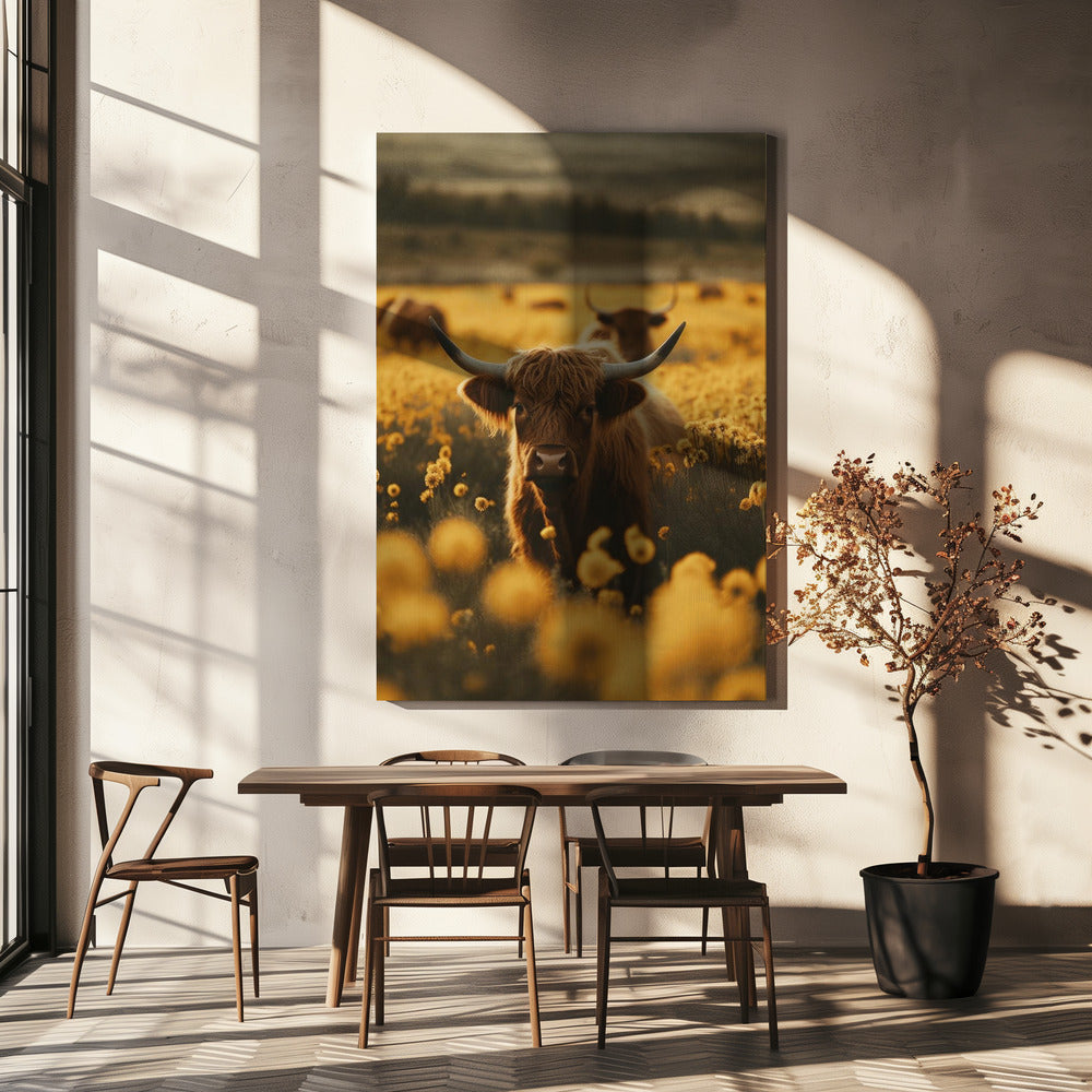 Décoration murale : Vaches des Highlands dans un champ de fleurs