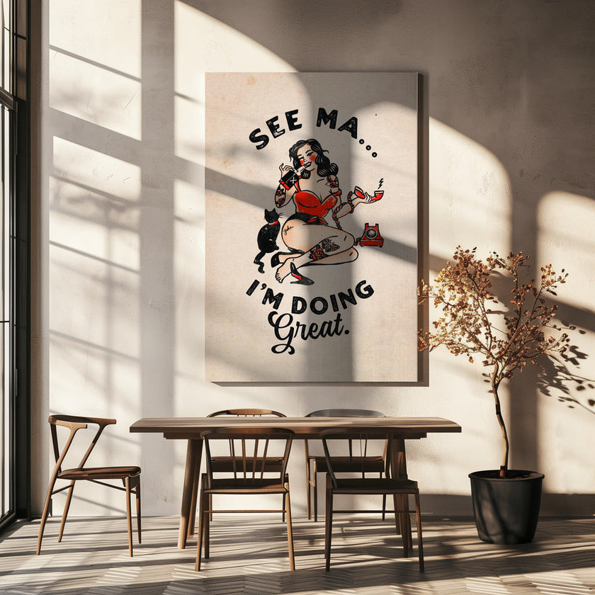 Wall art See Ma Poster Funny Vintage Pinup Girl & Cat