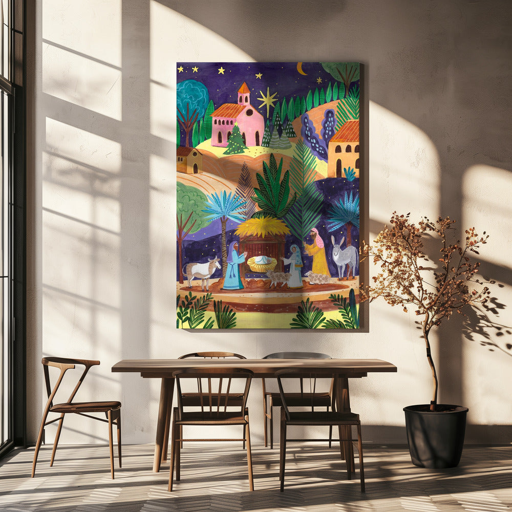 Impression sur toile d'art mural : Scène de la Nativité, nuit étoilée