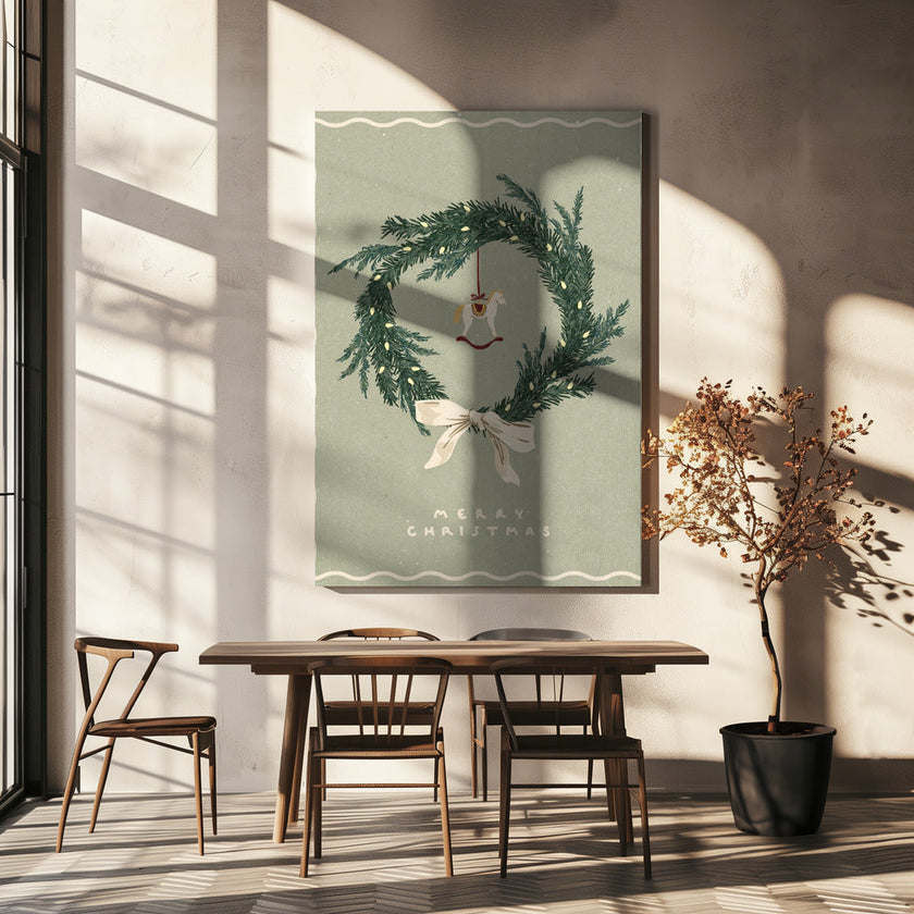 Impression sur toile : décoration murale, jouet en forme de cheval sur une couronne de Noël avec nœud.